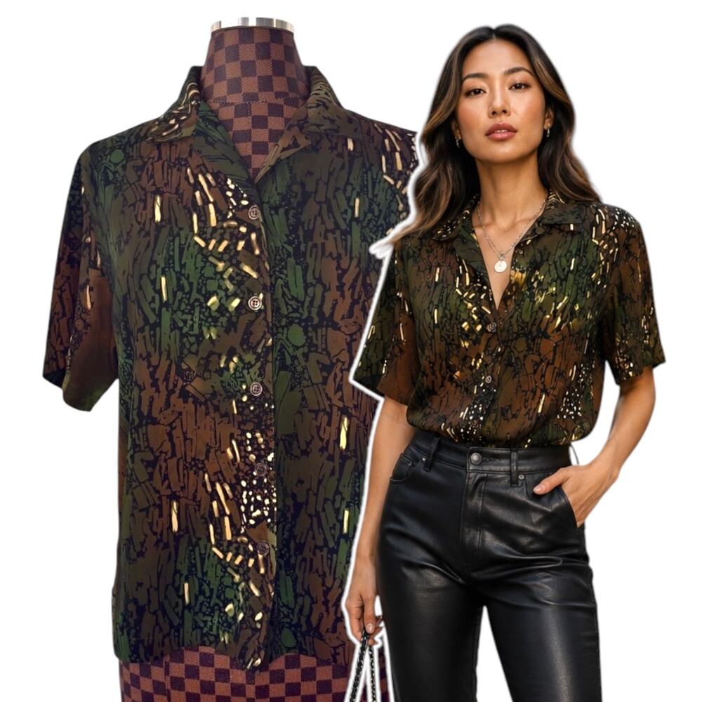 Vtg Joanna Abstract Camo Blouse Short Sleeve Green Brown Size Medium Earth Tone